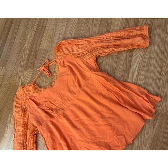 Torrid Orange Swiss Dot Lace Detail 3/4 Sleeve Tunic Blouse Size 1 - Picture 5 of 11